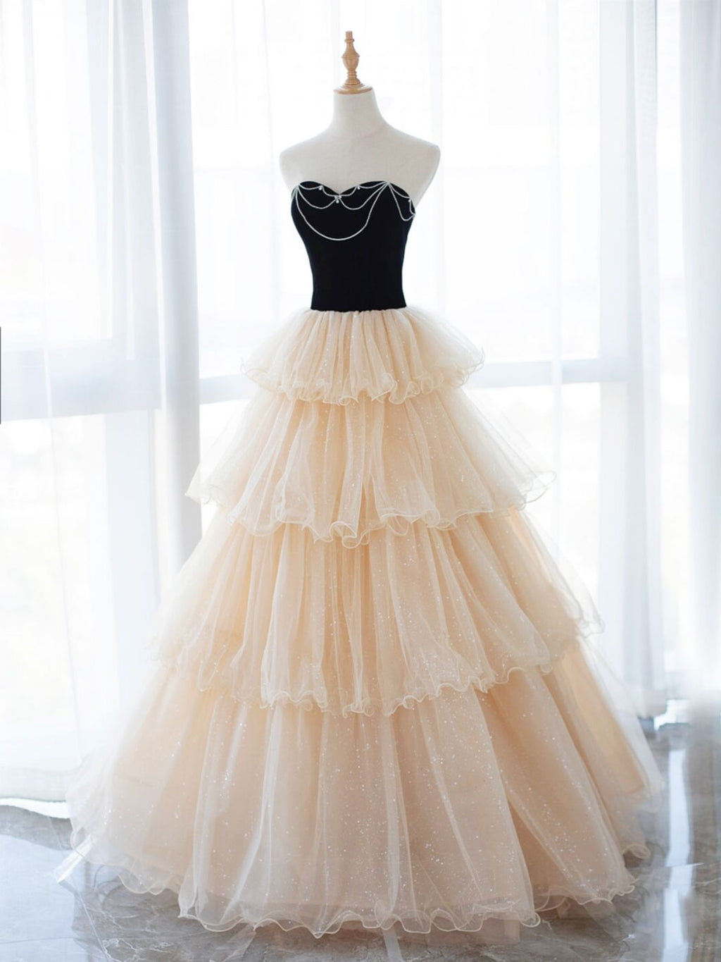 Champagne Sweetheart Neck Tulle Long Prom Dress, Champagne Formal Dresses