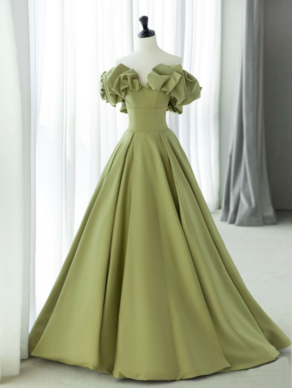 Green A-Line Satin Long Prom Dresses, Green Formal Evening Dress