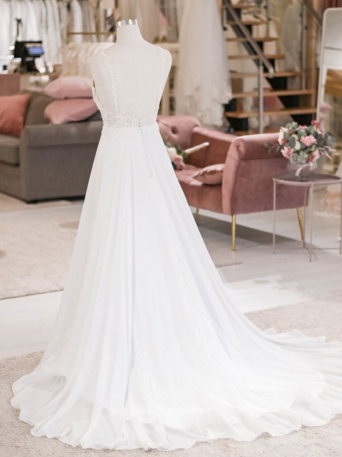 White V Neck Lace Chiffon Long Wedding Dress, Beach Wedding Dress