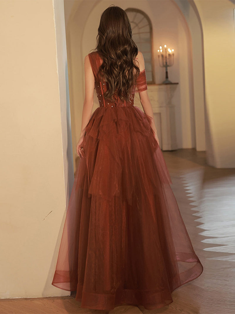 A Line One Shoulder Tulle Long Burgundy Prom Dresses, Burgundy Formal Graduation Dress With Sequin Beading Custom size / Custom Color A Line One Shoulder Tulle Long Burgundy Prom Dresses, Burgundy Formal Graduation Dress With Sequin Beading Custom size / Custom Color