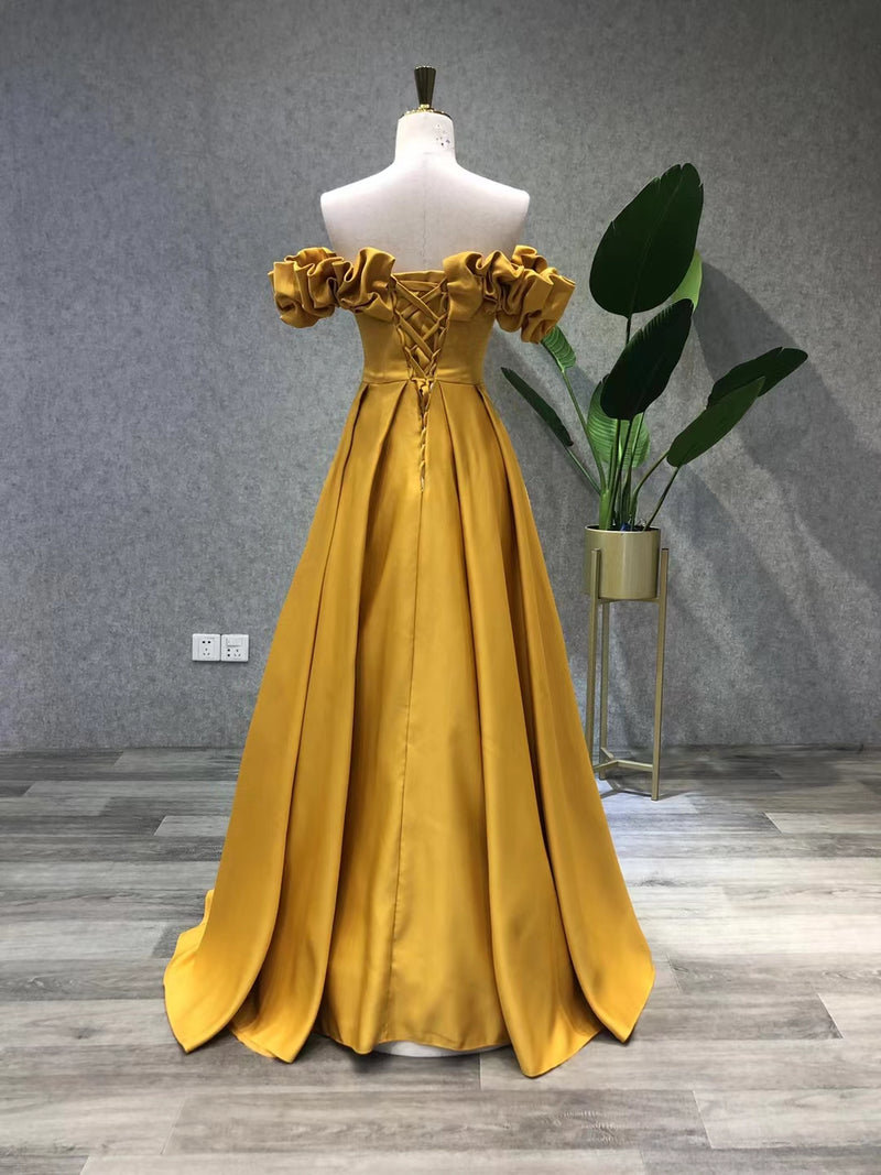 Simple Yellow Satin Long Prom Dress, Yellow Evening Dress