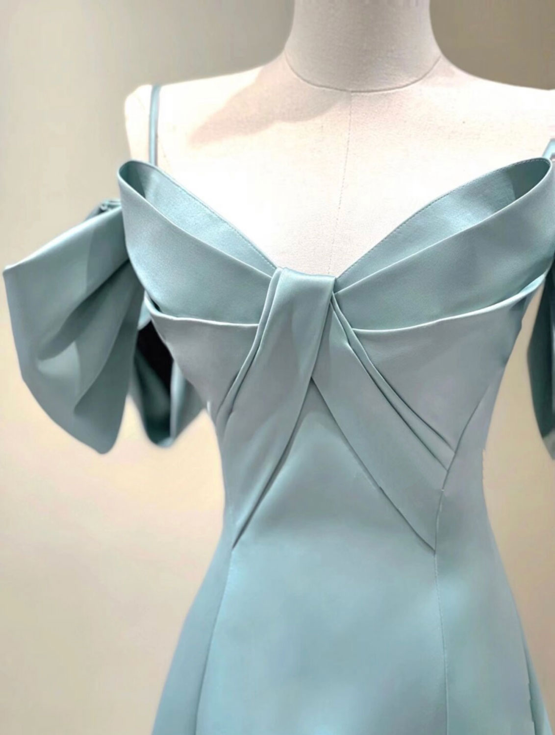 A-Line V Neck Satin Blue Long Prom Dress