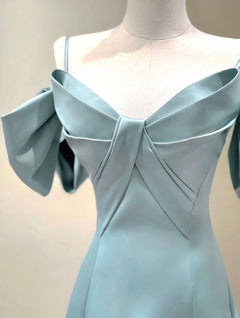 A-Line V Neck Satin Blue Long Prom Dress