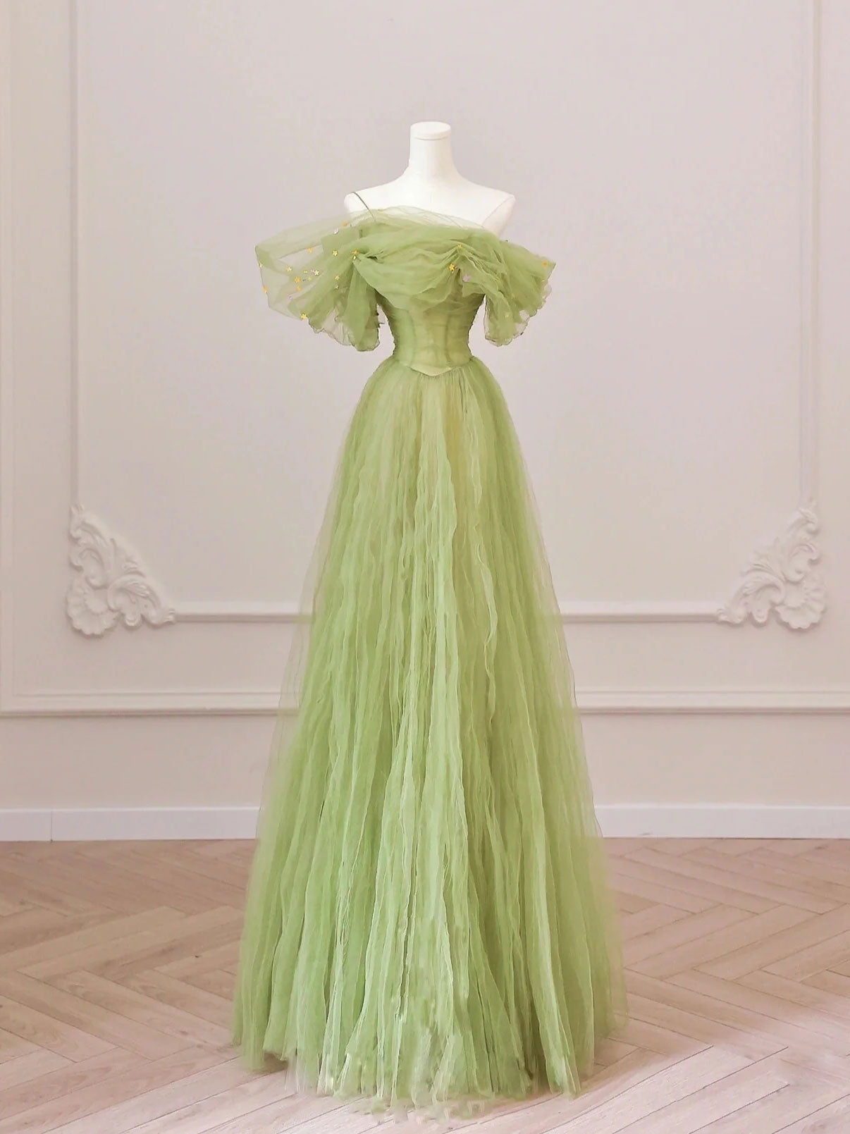 Elegant Off Shoulder Green Tulle Long Prom Dresses, Off the Shoulder F –  Shiny Party