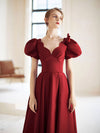 Simple V Neck Burgundy Tea Length Prom Dress Burgundy Bridesmaid Dress