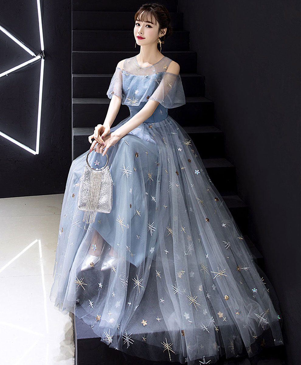 Blue Round Neck Tulle Long Prom Dress, A- Line Blue Long Tulle Evening Dress