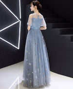 Blue Round Neck Tulle Long Prom Dress, A- Line Blue Long Tulle Evening Dress