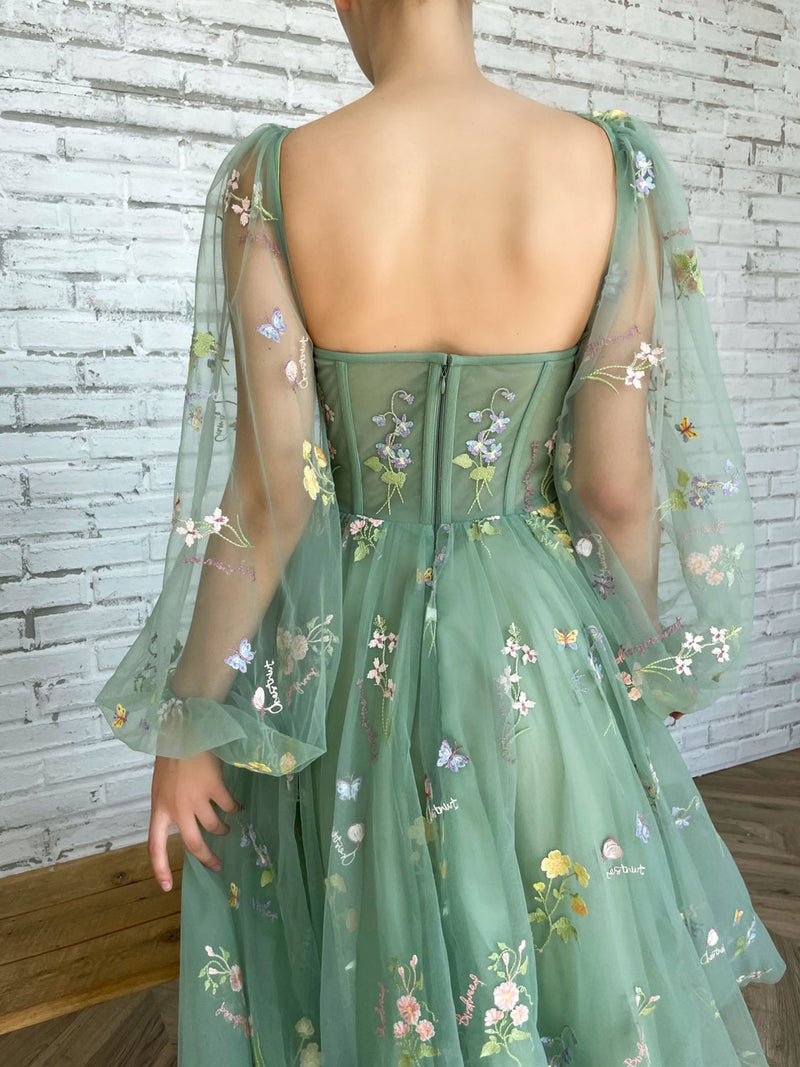 Elegant Long Sleeves Tulle Tea Length Puffy Green Prom Dress, Green Bridesmaid Dresses Custom Size / Green Elegant Long Sleeves Tulle Tea Length Puffy Green Prom Dress, Green Bridesmaid Dresses Custom Size / Green