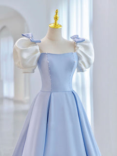 Blue A-Line Satin Long Prom Dresses