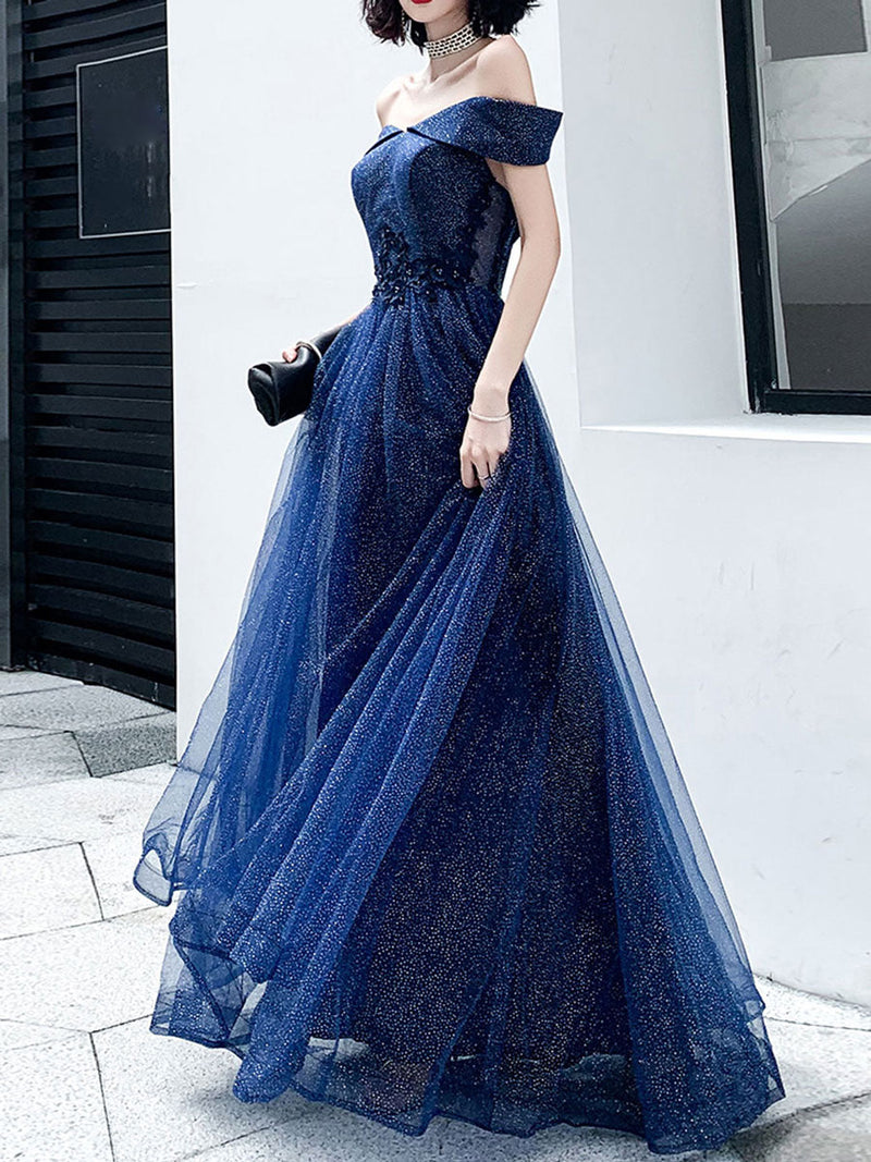 A-line Royal Blue Lace Tulle V Back Wedding Party Dress - Princessly
