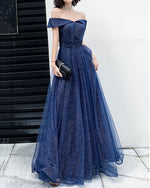 Dark Blue Tulle Long Prom Dress, A-Line Tulle Off Shoulder Blue Wedding Party Dresses
