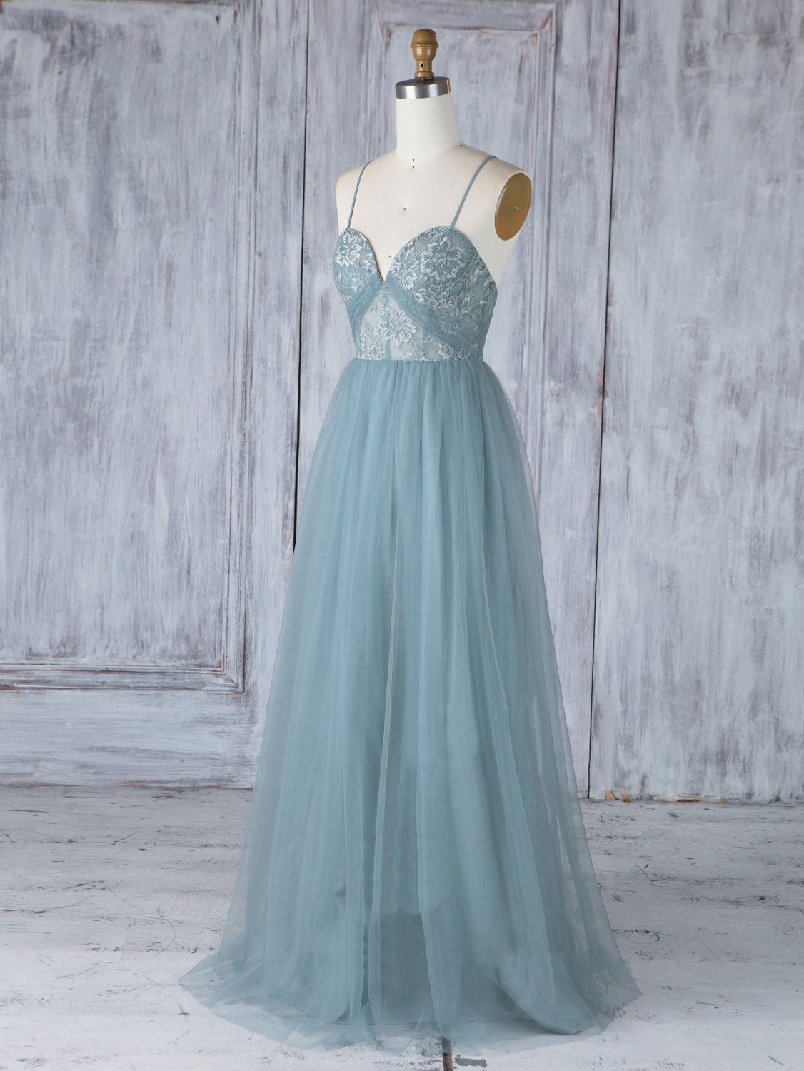 Simple Sweetheart Neck Tulle Lace Long Prom Dresses, Gray Blue Bridesmaid Dresses Custom Size / Custom Color Simple Sweetheart Neck Tulle Lace Long Prom Dresses, Gray Blue Bridesmaid Dresses Custom Size / Custom Color