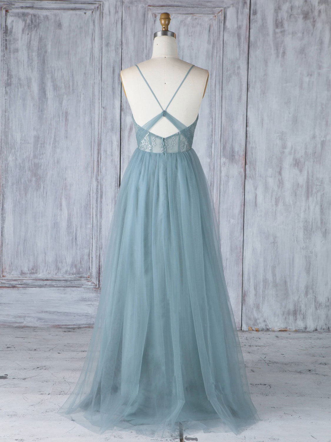 Simple Sweetheart Neck Tulle Lace Long Prom Dresses, Gray Blue Bridesm – shopluu
