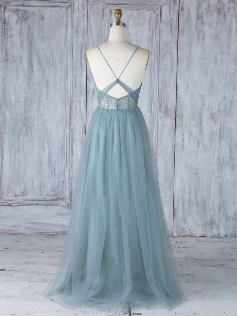 Simple Sweetheart Neck Tulle Lace Long Prom Dresses, Gray Blue Bridesmaid Dresses