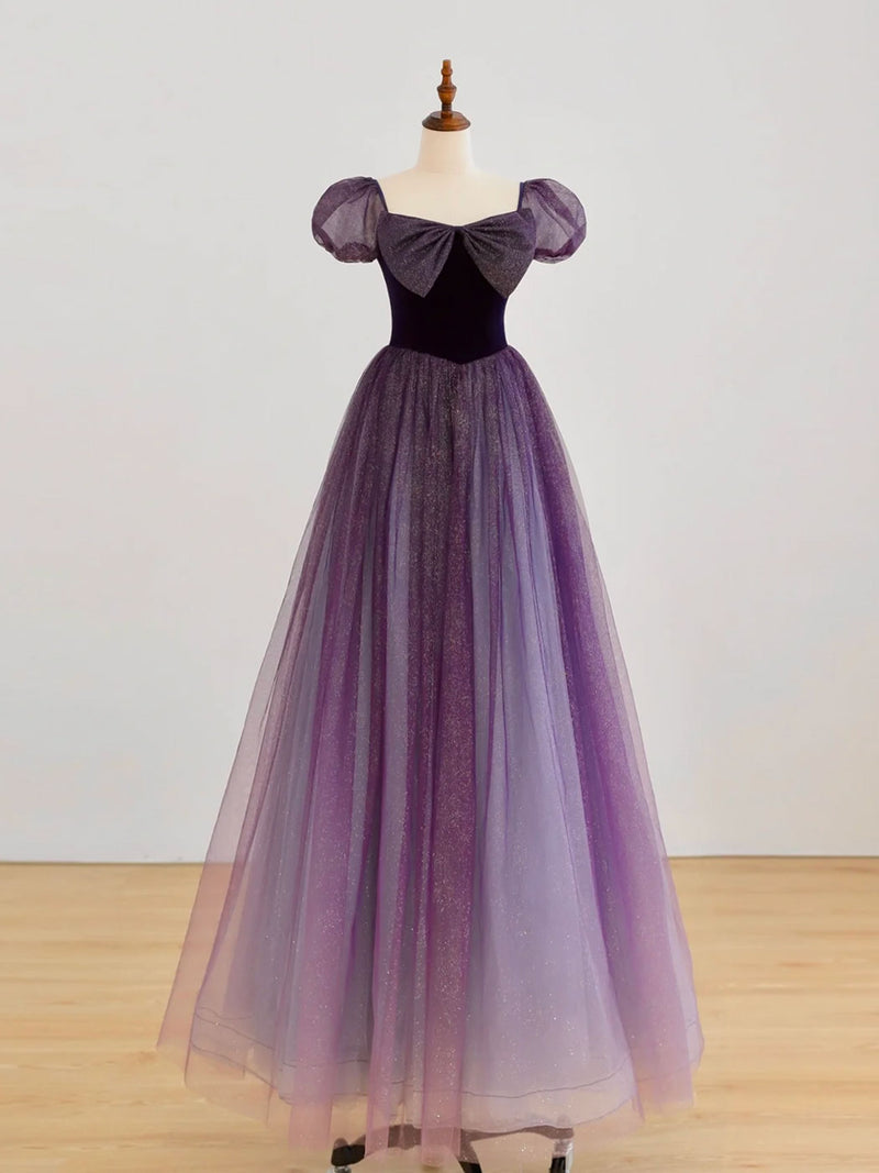 A-Line Purple Long Prom Dress, Purple Tulle Evening Dress