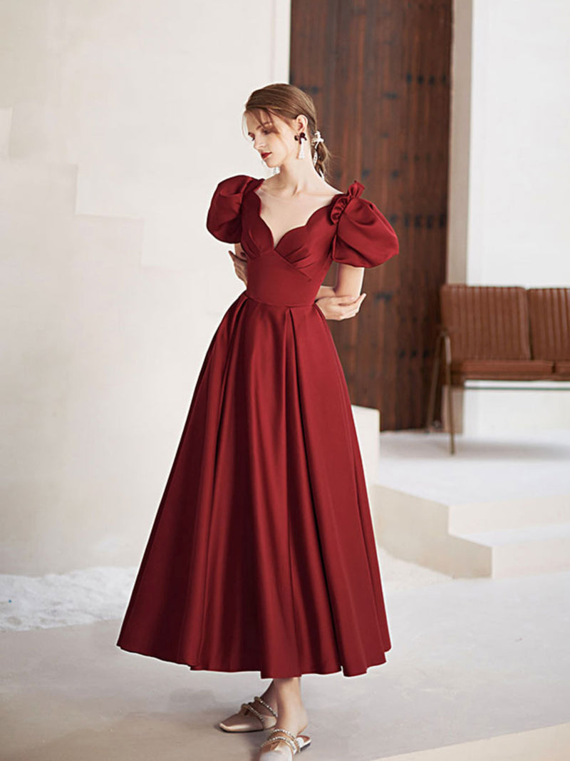 Simple V Neck Burgundy Tea Length Prom Dress Burgundy Bridesmaid Dress shopluu Simple V Neck Burgundy Tea Length Prom Dress Burgundy Bridesmaid Dress shopluu
