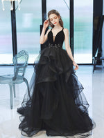 Black V Neck Tulle Long Prom Dress, Black Tulle Formal Graduation Dresses