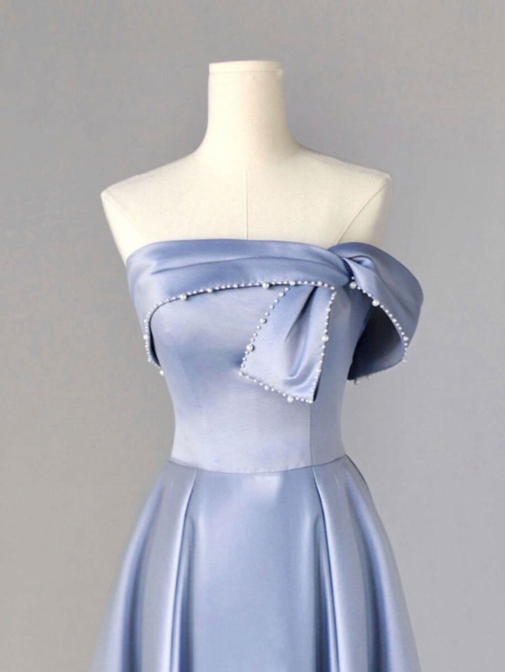 A-Line Blue Satin Long Prom Dresses, Blue Formal Evening Dresses