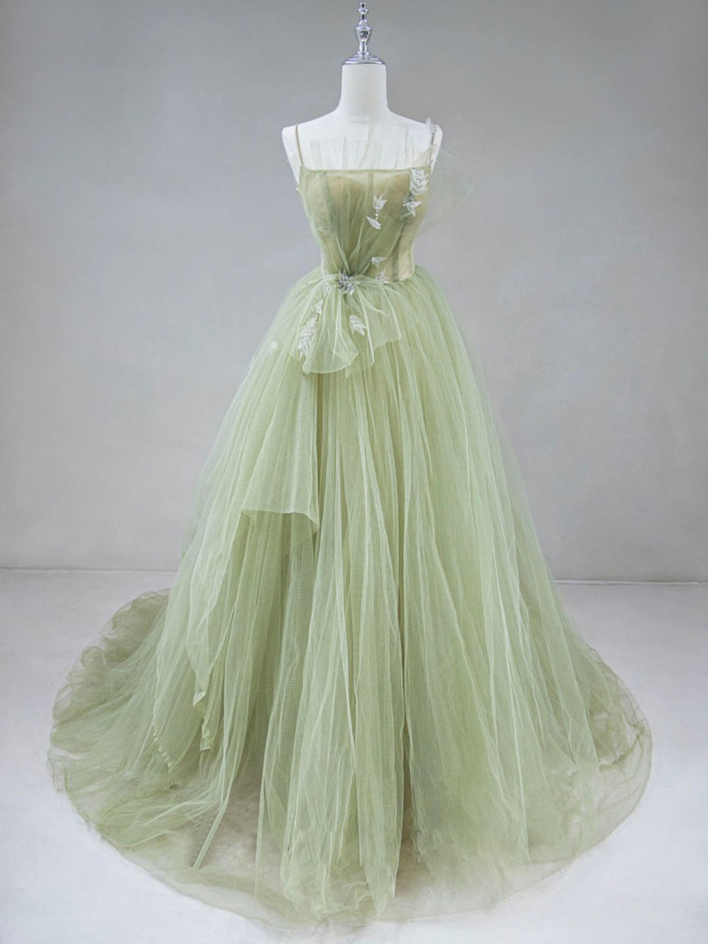 Green Tulle Long A-Line Prom Dresses, Green Spaghetti Straps Evening Dresses US 6 / Custom Color Green Tulle Long A-Line Prom Dresses, Green Spaghetti Straps Evening Dresses US 6 / Custom Color