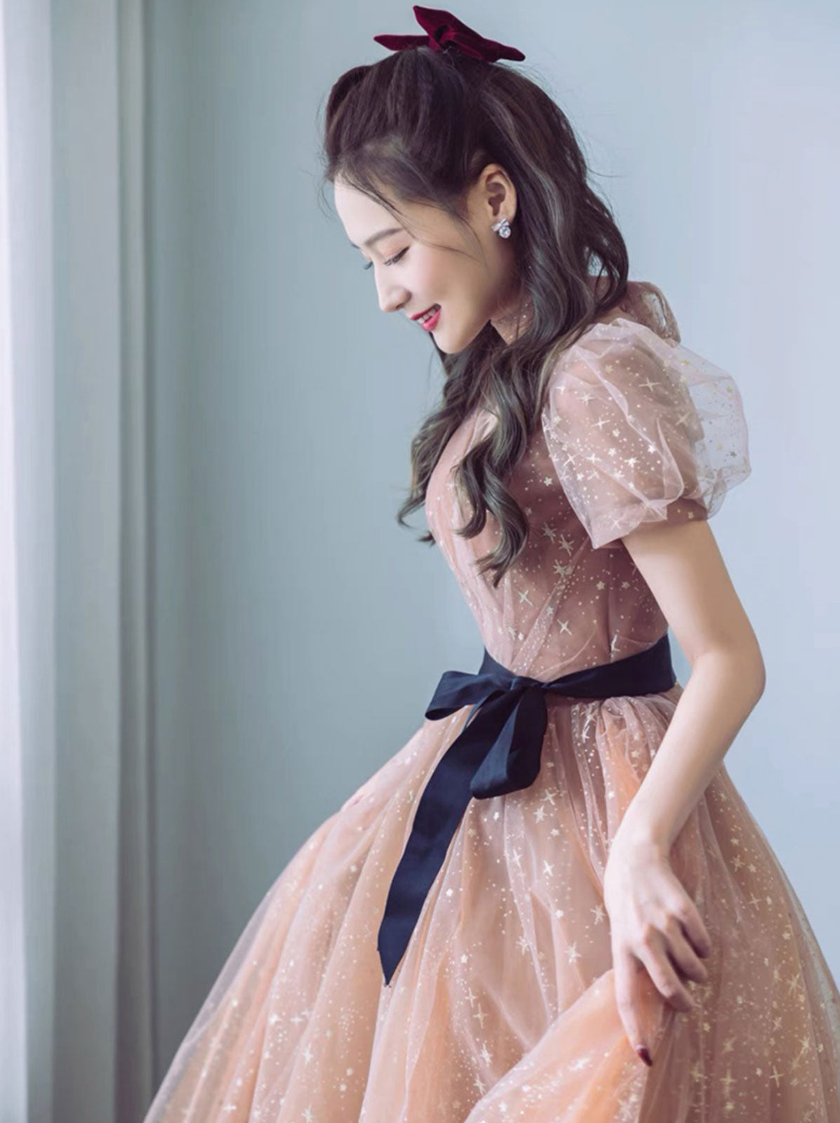 Simple Champagne V Neck Tulle Long Prom Dress, Champagne Evening Dresses