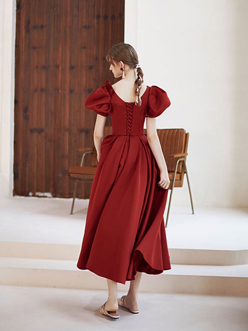 Simple V Neck Burgundy Tea Length Prom Dress Burgundy Bridesmaid Dress US 8 / Burgundy Simple V Neck Burgundy Tea Length Prom Dress Burgundy Bridesmaid Dress US 8 / Burgundy