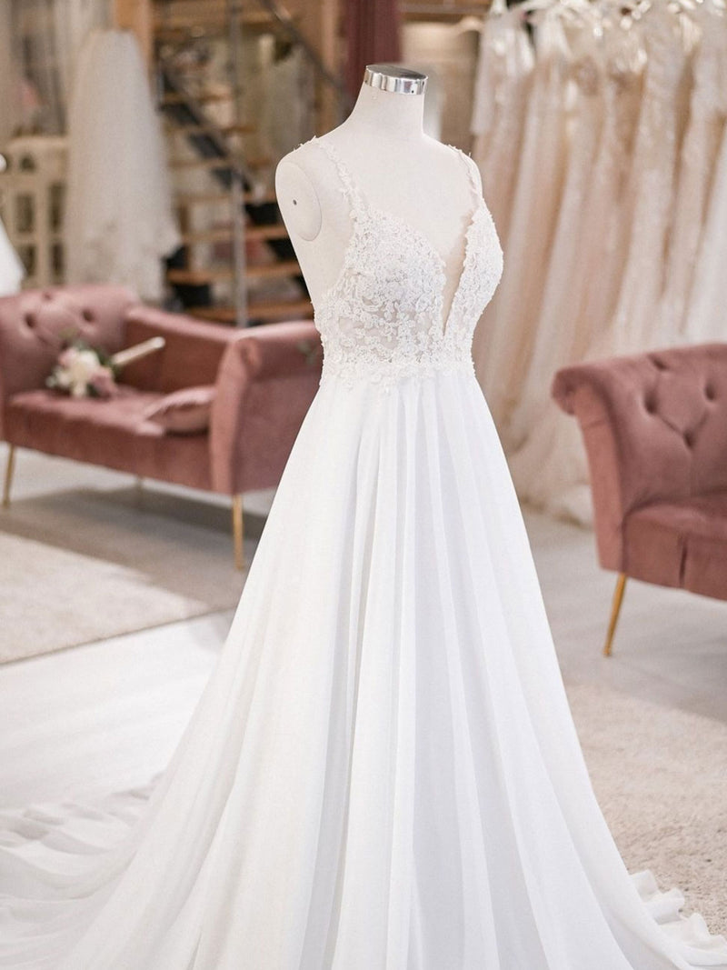 White V Neck Lace Chiffon Long Wedding Dress, Beach Wedding Dress shopluu White V Neck Lace Chiffon Long Wedding Dress, Beach Wedding Dress shopluu