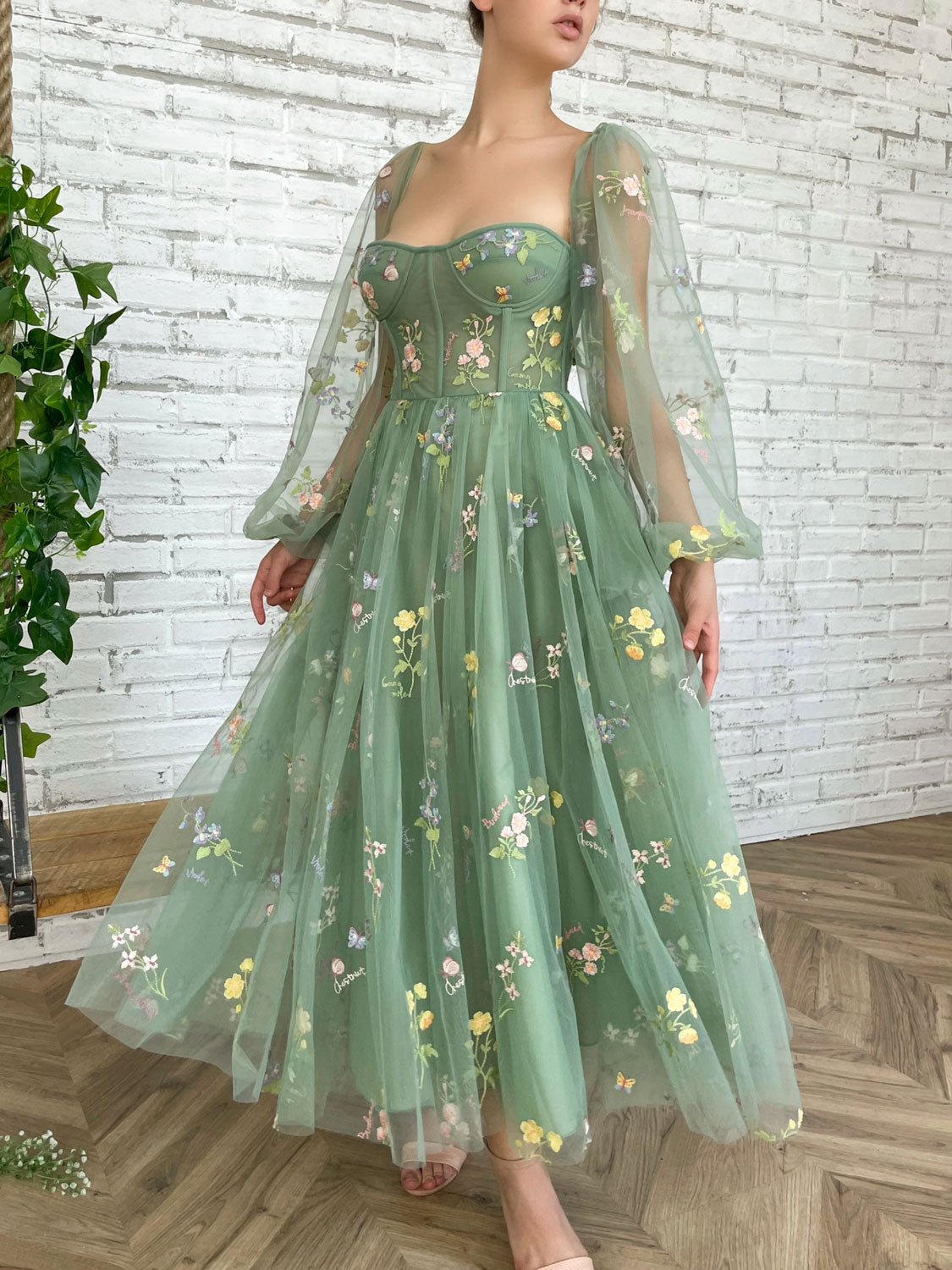Green Long Puffy Dress Aline Tulle Tea Length Green Prom Dress, Green Puffy Homecoming Dresses With Green Long Puffy Dress Aline Tulle Tea Length Green Prom Dress, Green Puffy Homecoming Dresses With