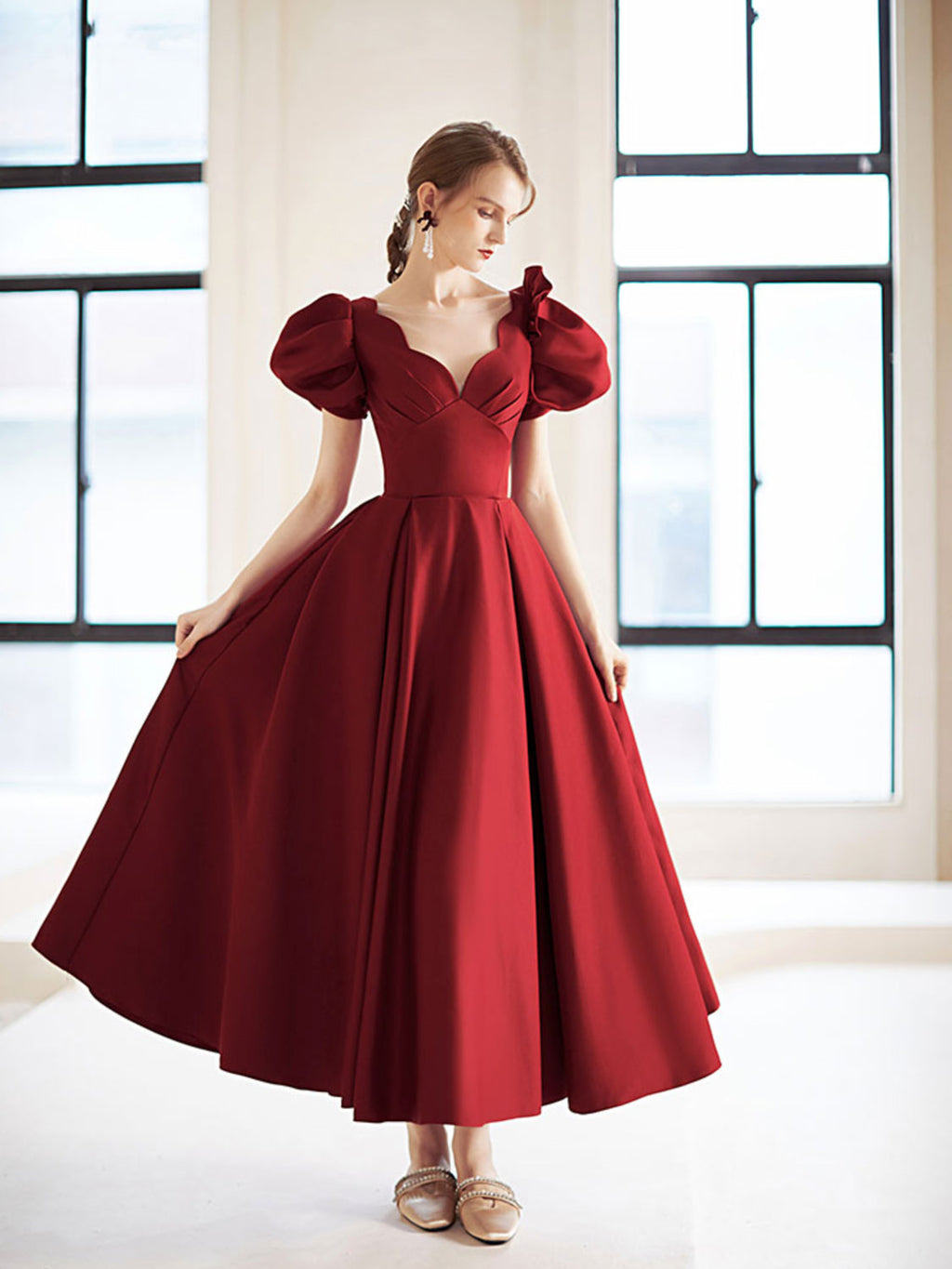 Simple V Neck Burgundy Tea Length Prom Dress Burgundy Bridesmaid Dress – shopluu