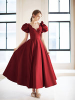 Simple V Neck Burgundy Tea Length Prom Dress Burgundy Bridesmaid Dress