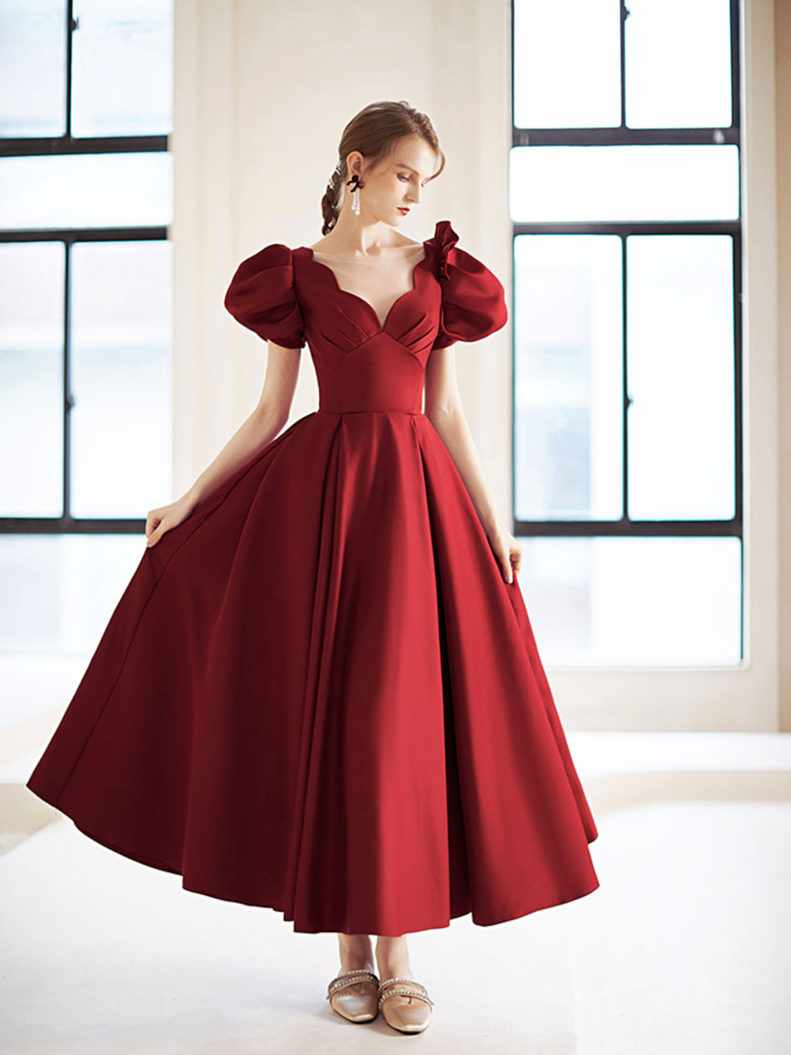 Simple V Neck Burgundy Tea Length Prom Dress Burgundy Bridesmaid Dress – shopluu