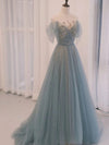 A-Line Scoop Neckline Tulle Gray Blue Long Prom Dress with Sequin