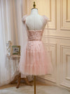 A Line Sweetheart Neck Pink Short Prom Dresses, Formal Puffy Pink Homecoming Dress with Lace Applique Beading