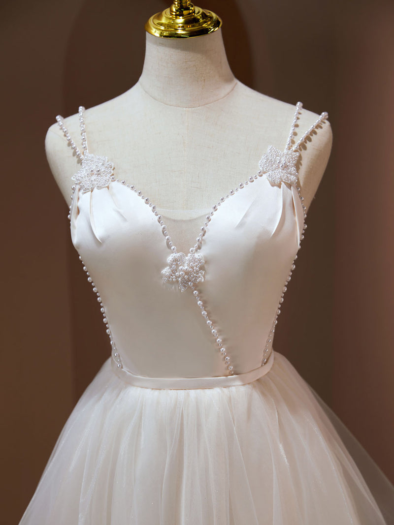 A Line v neck tulle Short Beige Prom Dresses, Cute Puffy Beige Homecom – shopluu