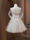 A Line Sweetheart Neck Tulle Lace Beige Short Prom Dress,  Puffy Cute Homecoming Dress