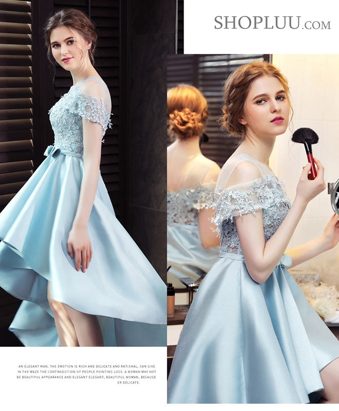 Light Blue Satin Lace Prom Dress, Blue Lace Evening Dress