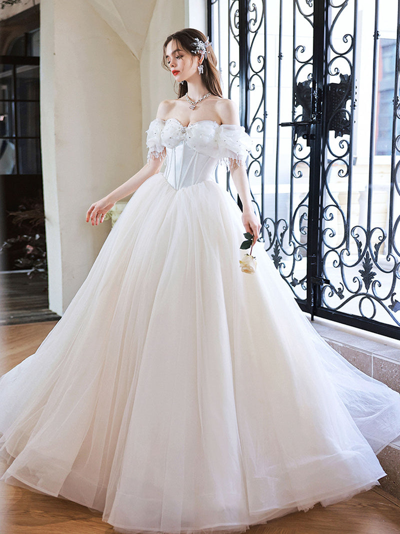 Cute Sweetheart Neck Light Champagne Long Prom Dress, Tulle Sweet 16 Dress with Beading