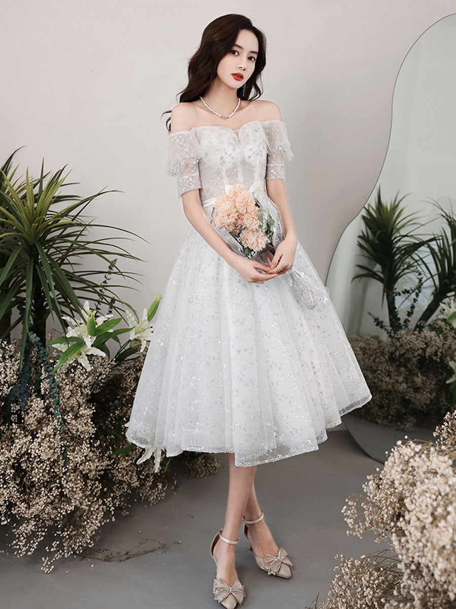 Cute A line Sequin Short Prom Dress, White Short Puffy Homecoming Dress Custom Size / Gray White