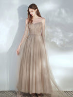 A-Line Tulle Champagne Long Prom Dress, Champagne Formal Dresses