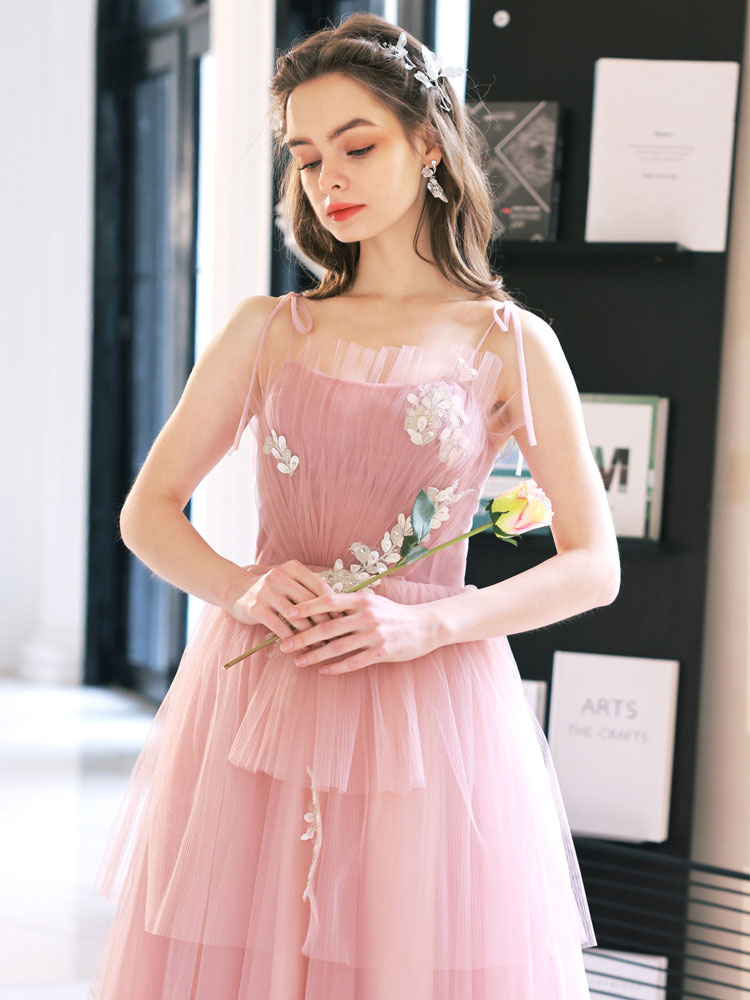 pink tulle dress women Pink Tulle A line Long Prom Dress, Pink Tulle Evening Dresses US 4 / Pink