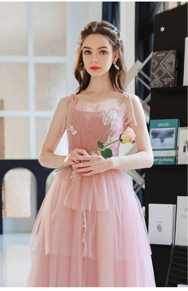 Pink Tulle A line Long Prom Dress, Pink Tulle Evening Dresses – shopluu