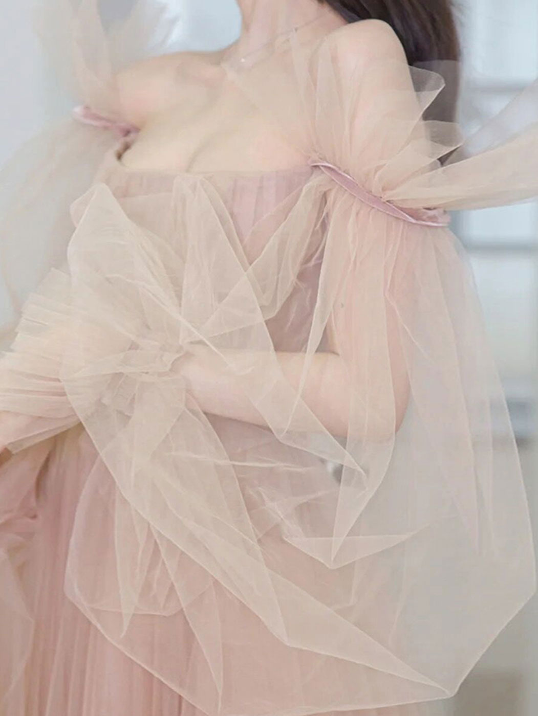 Champagne Aline Tulle Long Prom Dresses, Long Formal Graduation Dresses