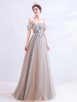 A-Line Off Shoulder Lace Champagne Long Prom Dress, Champagne Formal Dresses