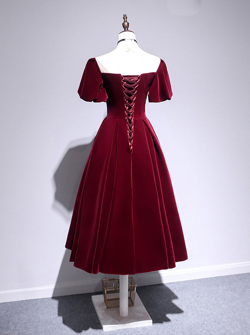 A line Velvet Tea Length Prom Dresses, Burgundy Velvet Bridesmaid Dres shopluu A line Velvet Tea Length Prom Dresses, Burgundy Velvet Bridesmaid Dres shopluu