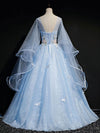 Blue Round Neck Tulle Lace Long Prom Dresses, Blue Sweet 16 Dresses