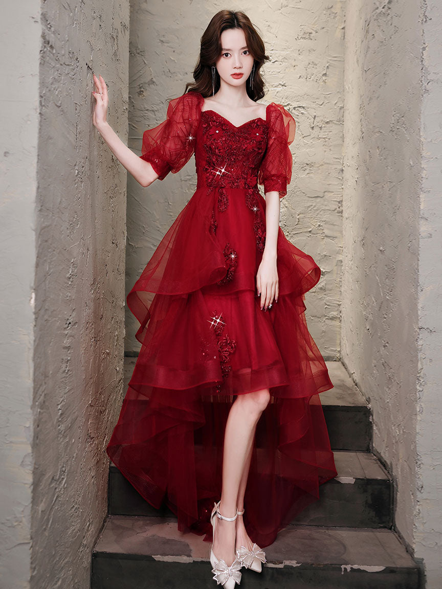 Burgundy High Low Tulle Lace Prom Dress, Burgundy Homecoming Dresses – shopluu