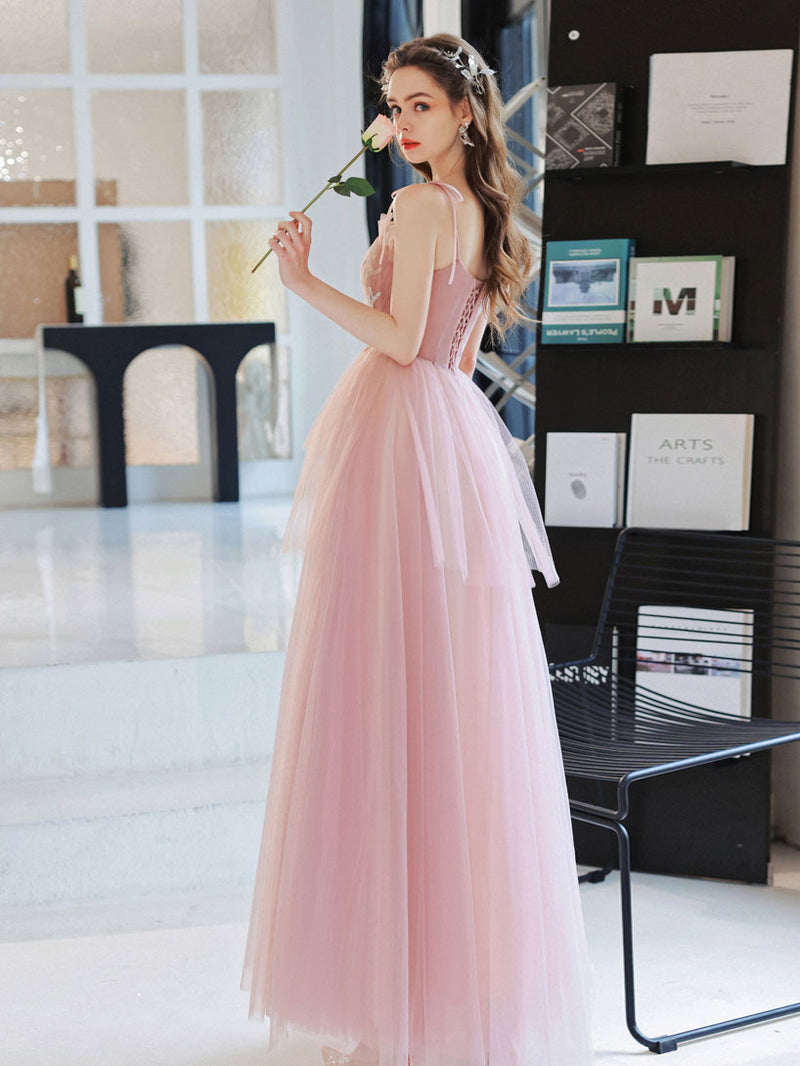 Pink Tulle A line Long Prom Dress, Pink Tulle Evening Dresses