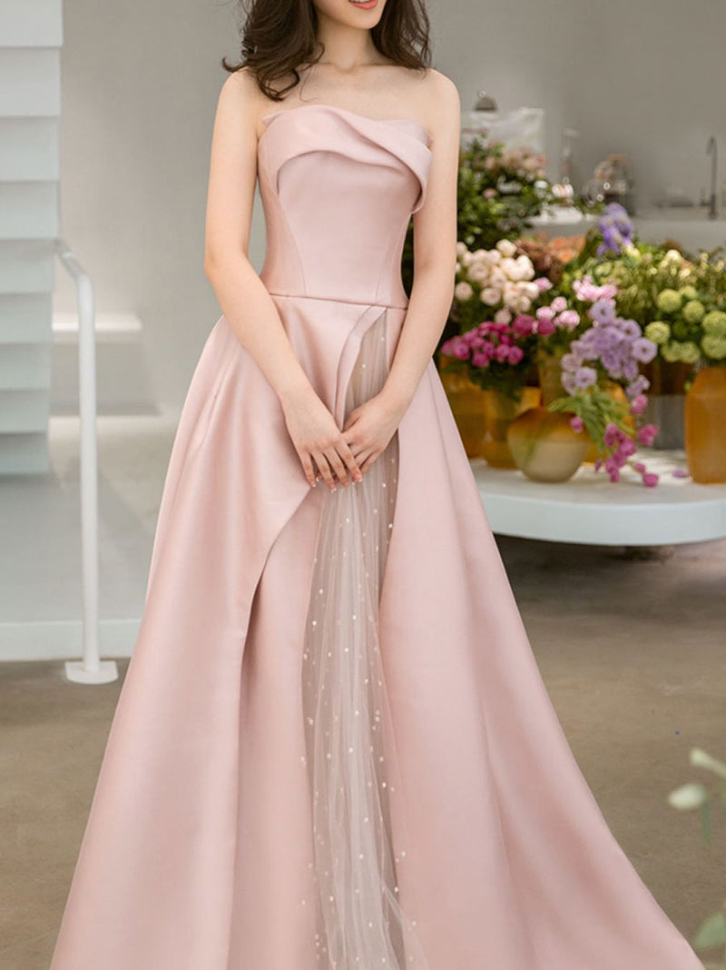 Pink Satin Tulle Long Prom Dress, Pink Formal Bridesmaid Dresses