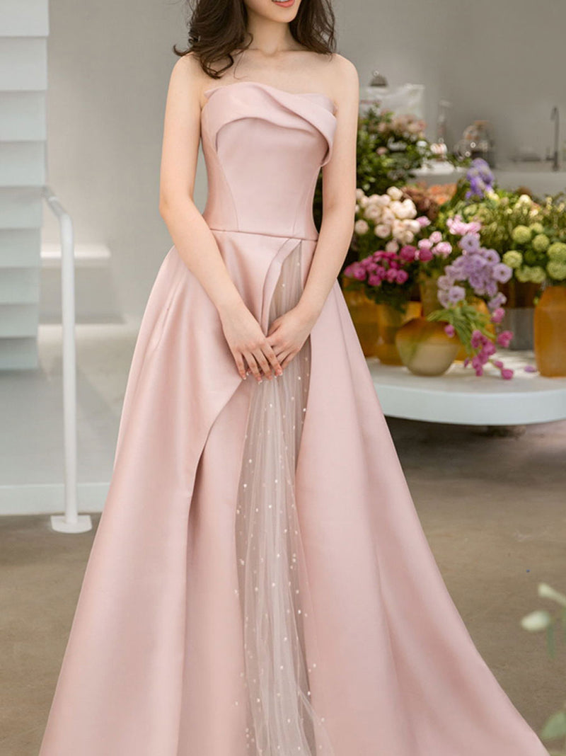 Pink Satin Tulle Long Prom Dress, Pink Formal Bridesmaid Dresses shopluu Pink Satin Tulle Long Prom Dress, Pink Formal Bridesmaid Dresses shopluu