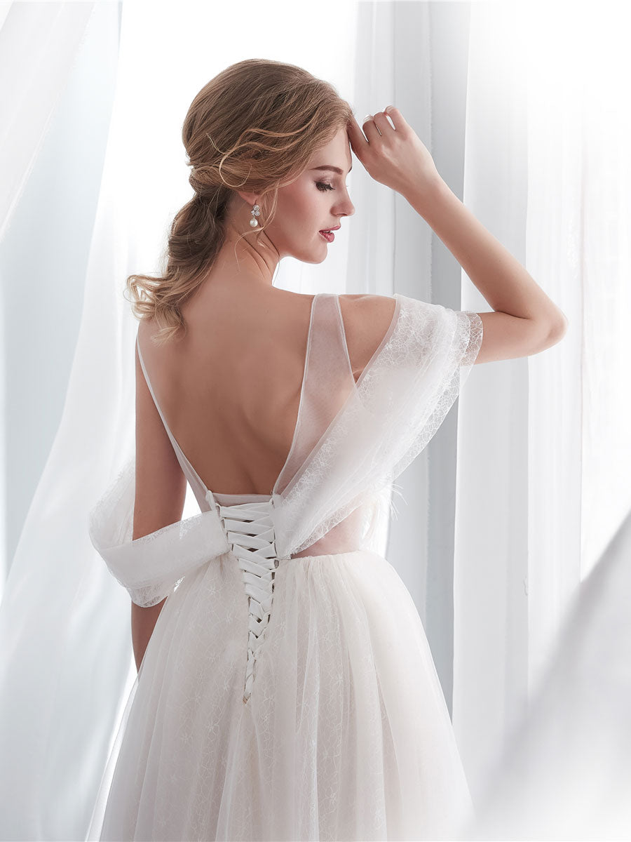 Light Champagne Tulle Lace Long Beach Wedding Dress Bridal Dresses