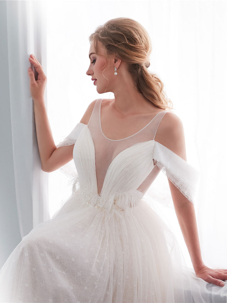 Light Champagne Tulle Lace Long Beach Wedding Dress Bridal Dresses